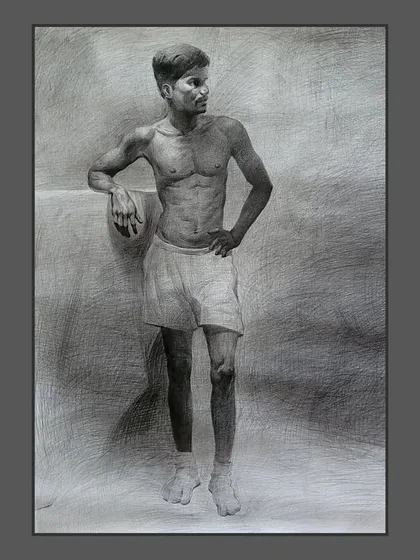 The final, more rendered version of the full-figure graphite drawing, with added background texture.
