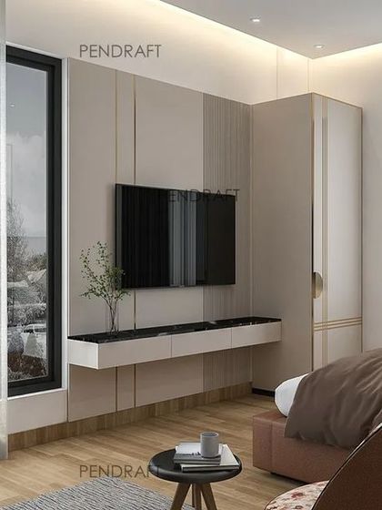 Another view of the proposed hotel room design, focusing on the media wall and window treatments. The concept emphasizes clean lines, integrated storage, and a neutral color palette to create a serene and uncluttered environment.