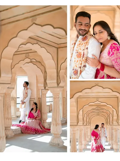 Ronit and Ritu sharing a quiet moment within the pillared halls of Amer Fort. The soft light and repeating arches create a beautiful, serene atmosphere for this pre-wedding picture.