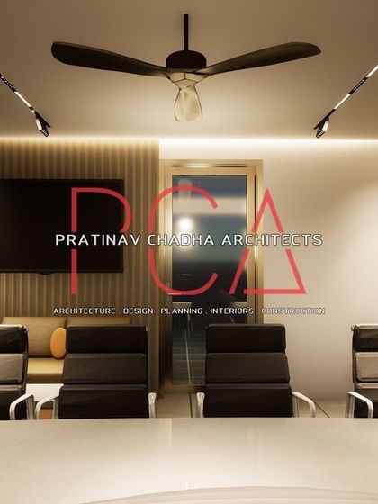 A render of the conference room from the head of the table, showing the view towards the informal seating area and integrated media screen.