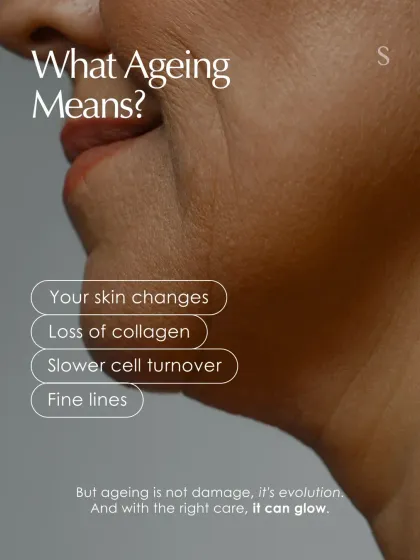 What does aging mean? It means your skin changes, with loss of collagen and slower cell turnover. But aging is not damage, it is evolution, and with the right care, it can glow.