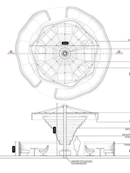 Orthographic drawings for the 'Fire Lounge' sculptural installation at the 080 Lounge. These technical plans and sections detail the construction of the metal wave-like forms that create an abstract fireplace.