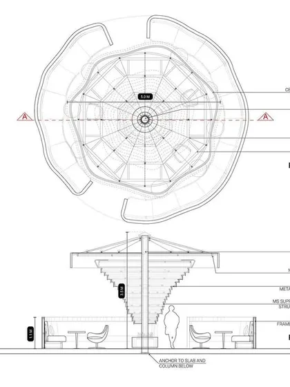 Technical drawings for the Fire Lounge, showing the plan and section of the central column, cable supports, and overall structure of this unique feature.