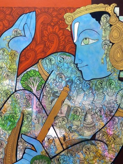 Ramesh Gorjala's art is a fascinating blend of tradition and modernity. He uses the intricate Kalamkari technique to depict mythological narratives, like this portrayal of Krishna, inviting a contemporary audience to explore ancient stories.