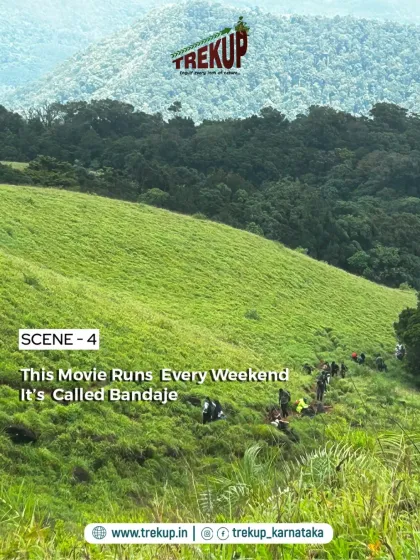 A shot of our group trekking along a ridge on the Bandaje trail. This image shows the scale of the landscape and the adventure of the journey.