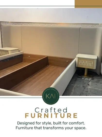 This bespoke bed features a wide, upholstered headboard with an elegant Greek key metal inlay. The integrated floating nightstands add to its sleek, modern appeal, showcasing our ability to combine different materials.