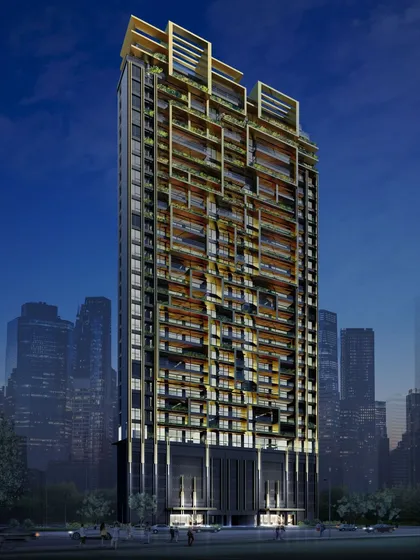 A night-time render of a high-rise residence, where the building's intricate facade comes to life. The design uses geometric frames and vertical gardens to create a dynamic visual rhythm against the dark city skyline.