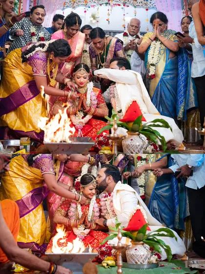 A collage of the couple during the Havan ceremony, surrounded by family. The groom's kiss on the bride's forehead is a tender, candid moment.