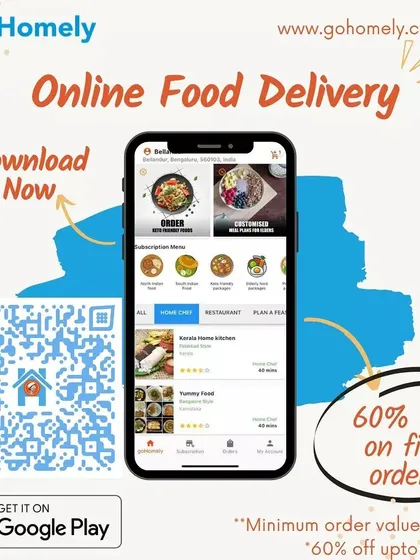 Ordering your favorite homemade food is now easier than ever. Download the goHomely app using the QR code to explore menus from over 3000 home chefs and get a 60% discount on your first order.