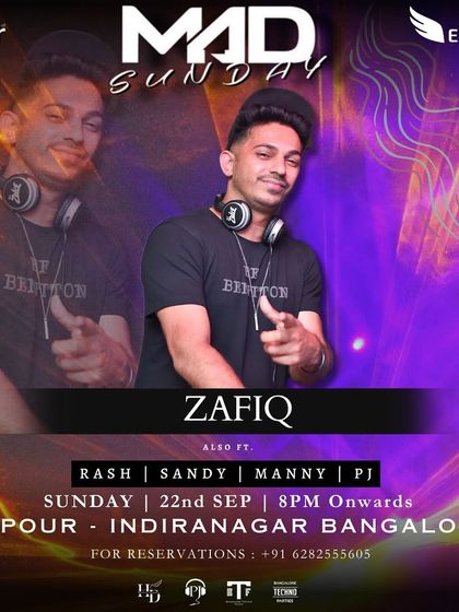 A "Mad Sunday" flyer with a cool, abstract design, featuring the full lineup of DJs.