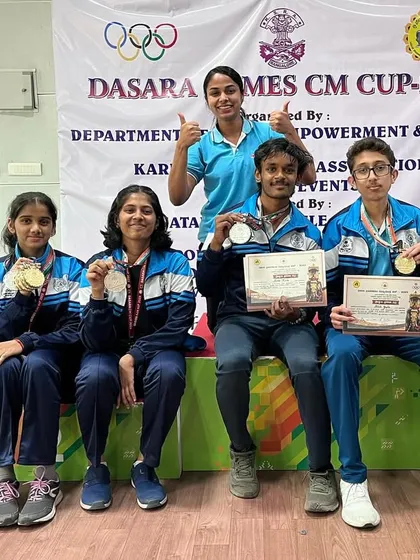 The Best Shot team celebrating a successful Dasara CM Cup, where our shooters won medals across 10M, 25M, and 50M events.