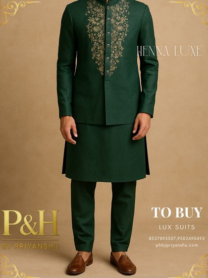 A full-length view of this embroidered jacket and kurta set, a perfect blend of tradition and modernity.
