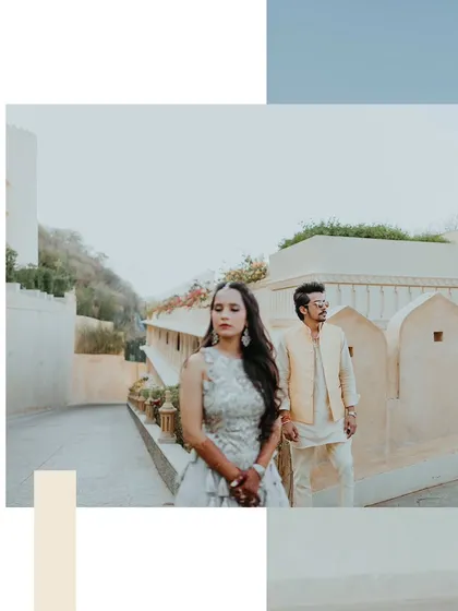 An artistic, editorial-style portrait of the couple at their Udaipur Haldi celebration.