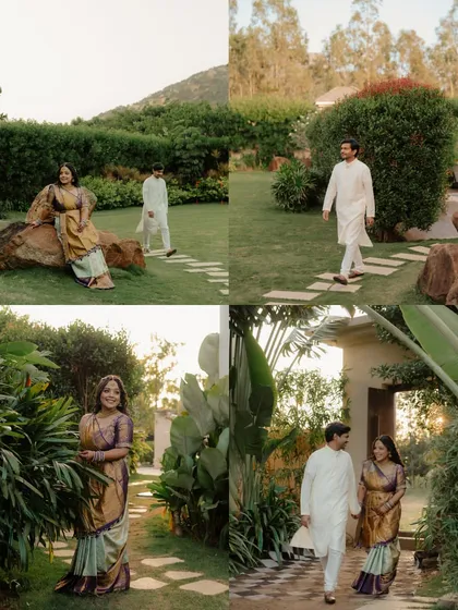 A collage of four images showing a couple's walk through a beautiful garden estate. It captures their journey and interaction from different perspectives, telling a small story of their time together.