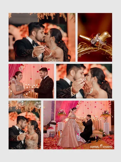 A collage of the ring exchange, including a close-up of the beautiful engagement rings.