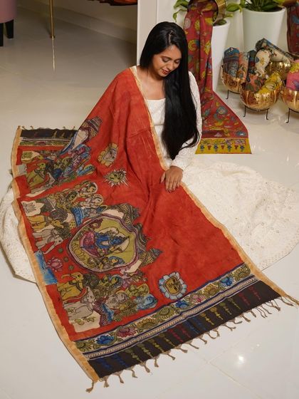 This is a glimpse into my Kalamkari Edition, featuring a wide array of hand-painted dupattas and fabrics from the Indralokam series. Each piece is a unique story, available for you to customize into your dream outfit.