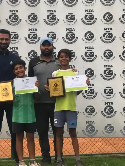 Our coaches with the winners of the AITA Talent Series U-14 singles and doubles categories, held in March 2023.