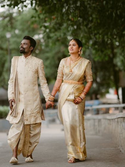 A couple holding hands and walking together after their ceremony. This shot captures the beginning of their journey as a married couple.