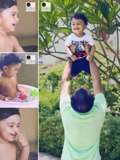 A fun collage from a combined indoor and outdoor child photoshoot. It shows the variety we can capture in one session, from playful bath time giggles to a joyful moment of being lifted high by dad.