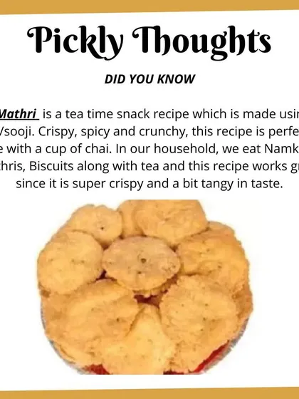 My Sooji Mathri is a simple tea time snack made with rava, or sooji. This makes it super crispy with a slightly tangy taste, perfect to enjoy with a cup of chai on any day.