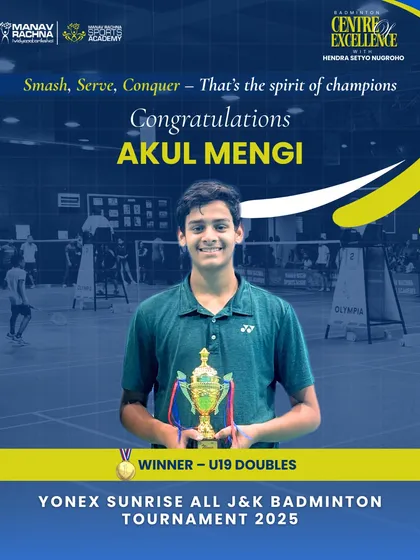 Congratulations to Akul Mengi, winner of the U-19 Doubles at the Yonex Sunrise All J&K Badminton Tournament. His spirit to smash, serve, and conquer embodies the champion mindset we cultivate.