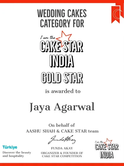 This is the official Gold Star certificate I was awarded in the Cake Star India competition for the wedding cakes category. This recognition is a testament to my dedication to creating beautiful and high-quality cakes for your most special day.