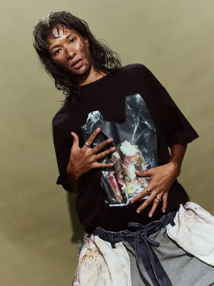 This look combines graphic streetwear with distressed elements, a signature of the Huemn brand identity I helped bring to life.