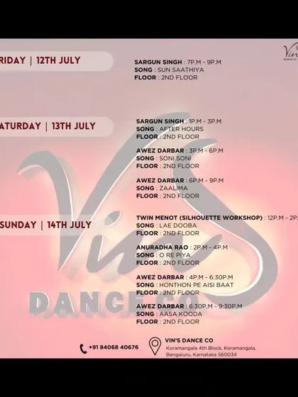 The detailed schedule for our mega-workshop weekend. Multiple floors, multiple choreographers, and endless dancing.
