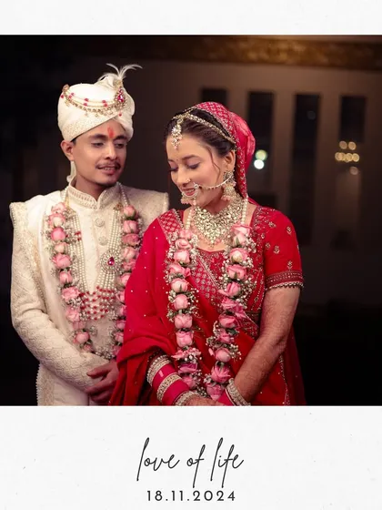 A lovely posed portrait of the couple, with a modern graphic overlay noting their wedding date.