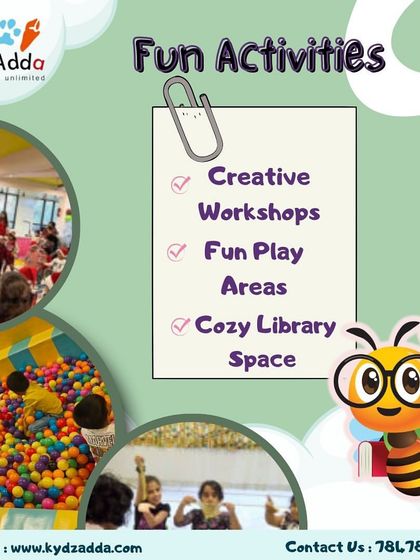 A visual checklist of the fun activities available at Kydzadda, from creative workshops and fun play areas to our cozy library space.