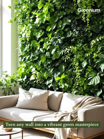 Turn any wall into a vibrant green masterpiece. This lush, dense vertical garden brings the feeling of a tropical rainforest right into your living room, creating a stunning and relaxing backdrop for your sofa.