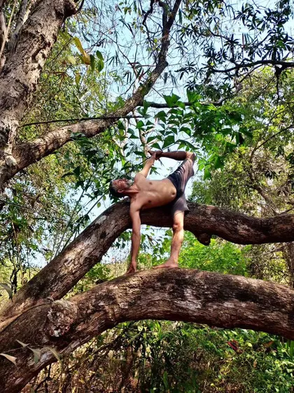Taking my practice into nature connects me to the world. Performing Ardha Chandra Chapasana on a tree branch is a test of balance and concentration. It reminds me that yoga is not confined to a mat; it is a way of interacting with our environment.
