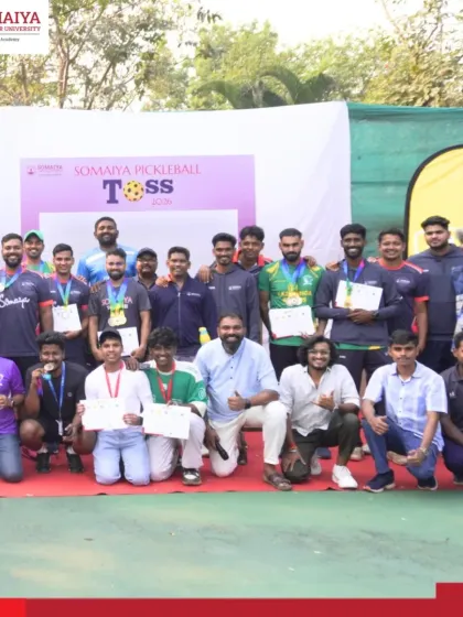 A successful event is measured by the smiles of its participants. This group photo captures the camaraderie and positive atmosphere of the Somaiya Pickleball TOSS 2026, a testament to our community-focused event planning.