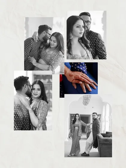 A collage of romantic black and white portraits, capturing the couple's intimate moments and connection.