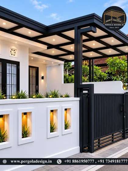 This carport design is attached directly to the home, featuring a grid-style frame with integrated lighting panels. The robust black steel structure complements the white exterior and gate, creating a cohesive and well-lit entryway that is both stylish and functional.