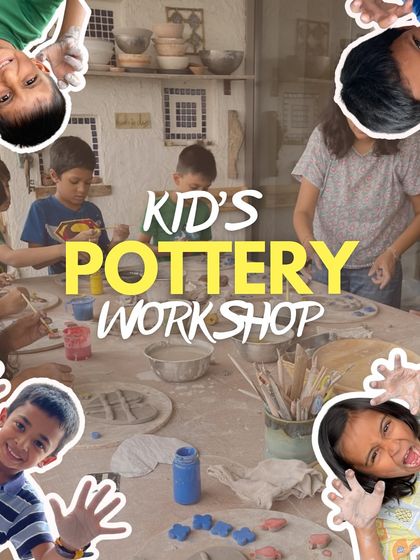 A fun collage of kids making funny faces and showing off their muddy hands, capturing the playful atmosphere of our kids' pottery workshops.