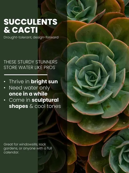 Succulents and cacti are drought-tolerant and design-forward. These sturdy stunners store water like pros, thrive in bright sun, and come in sculptural shapes and cool tones, perfect for windowsills.