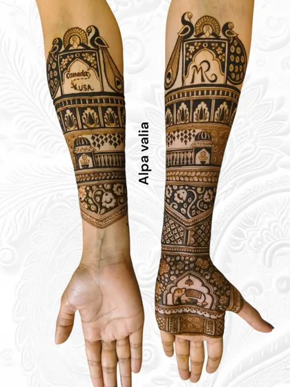 A full view of the travel-themed bridal mehendi, showing both arms. One arm is personalized while the other maintains a classic, intricate design.