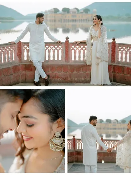 A collage of Anil and Sonal's elegant pre-wedding shoot at Jal Mahal, dressed in all-white outfits for a timeless and classic look.