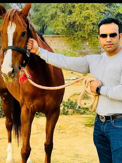 A client standing with his handsome chestnut horse. We work to match the right horse with the right person, ensuring a partnership that will last for years.