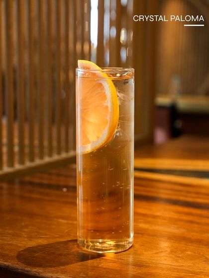 Our Crystal Paloma, a clarified version of the classic tequila cocktail. It's crisp, clean, and incredibly refreshing with a bright grapefruit finish.