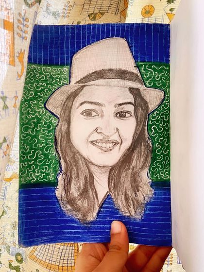 I often use friends as muses for my portrait practice. This is a quick sketch where I tried to capture her likeness and personality with just a pencil and some simple background patterns.