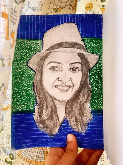 I often use friends as muses for my portrait practice. This is a quick sketch where I tried to capture her likeness and personality with just a pencil and some simple background patterns.
