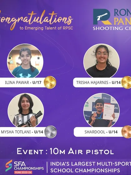 We are proud to recognize the emerging talent from our academy. These young shooters secured gold, silver, and bronze medals in the 10m Air Pistol event at India's largest multi-sport school championships.