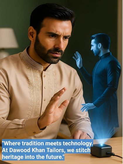 A conceptual image showing a model in a beige kurta, interacting with a hologram. This represents my brand's philosophy of stitching heritage into the future.