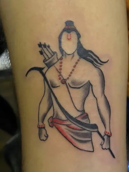 A stylized tattoo of Lord Ram. This design uses bold outlines and minimal color to create a modern, graphic representation of the revered deity.