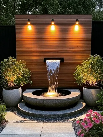 A modern, freestanding circular water feature designed as a garden centerpiece. The gentle flow of water over the stone basin, highlighted by warm uplighting, creates a focal point that is both visually and audibly calming.