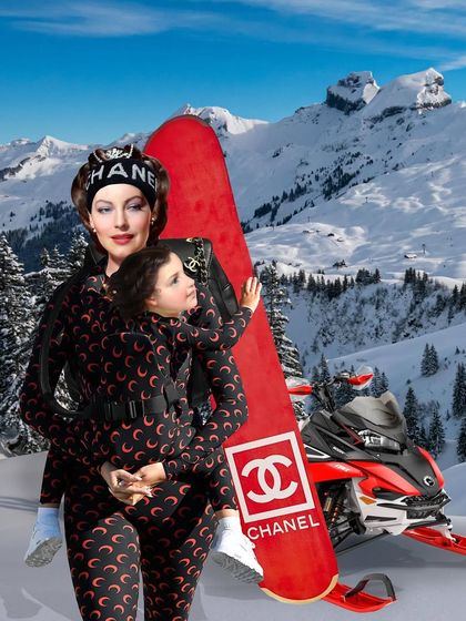 "An Ode To Motherhood" is a surreal tribute that reimagines a mother and child as alpine icons. Dressed in matching couture and poised with a Chanel snowboard, it celebrates fierce elegance and legacy.