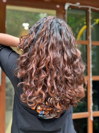 A collection of my other no-bleach balayage and color work, showcasing a variety of tones from subtle browns to vibrant reds on different curl types.