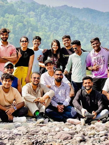 A group photo from our "Wander & Fly FPV Tour" in Rishikesh. It shows the amazing community of pilots and adventurers that has grown around my training programs.